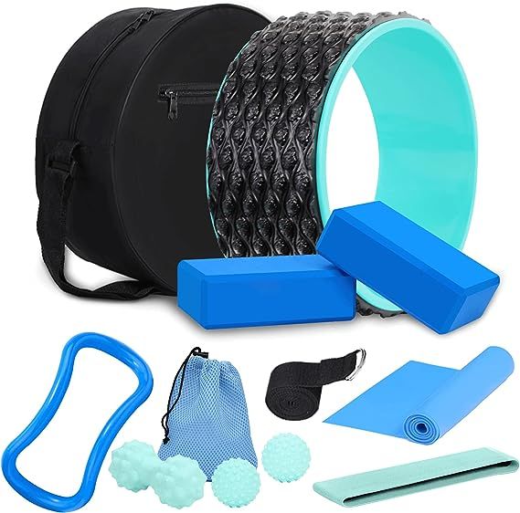 Yoga Wheel 12 in 1 Set with Back Roller for Pain Relief & Deep Tissue Massage Yoga Blocks 2 Pack with Yoga Ring,Yoga Strap,Resistance Bands,Elastic Band,Massage Ball
