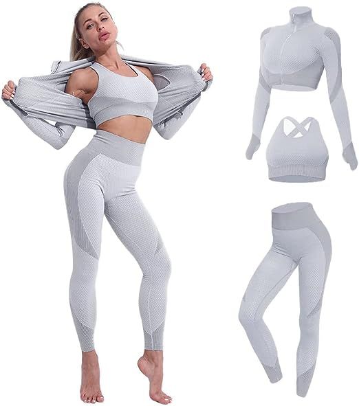 Women's 3pcs Seamless Outfit Workout Sets Gym, Fitness Sports Tracksuit Workout Set Running Clothes Yoga Sportswear