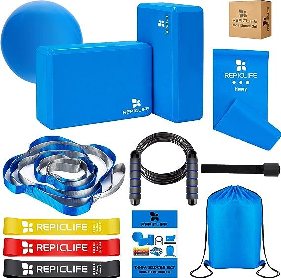 Yoga Set,Yoga Accessories,Yoga Blocks 2 Pack with Strap,1 Mini Yoga Ball,3 Resistance Loop Bands,1 Resistance Band,1 Door Anchor,1 Jump Rope,Gym Bag & Manual for Yoga,Pilates,Stretching